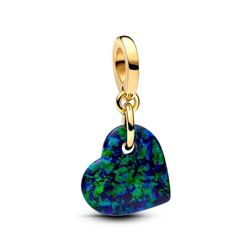 PANDORA Moments Schillerndes Grünes Herz Charm-Anhänger aus Sterling Silber mit vergoldeter Metalllegierung und künstlichem Opal, Kompatibel Moments Armbändern, 763348C01 von PANDORA