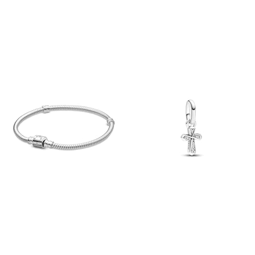 PANDORA Armband 598816C00-17 Frau Silber Inschrift & ME Funkelndes Kreuz Mini-Charm-Anhänger aus Sterling Silber mit Cubik Zirkonia, Kompatibel ME und Moments Armbändern, 793044C01 von PANDORA