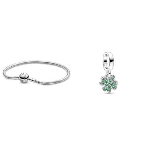 PANDORA Damen-Armband mit Kugelverschluss & Moments Vierblättriges Kleeblatt Charm-Anhänger aus Sterling Silber mit Kristallen, Kompatibel Moments Armbändern, 792751C01 von PANDORA