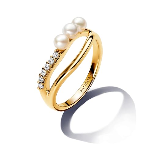 PANDORA Essence Behandelte Süßwasserzuchtperle & Organisch geformter Doppelband-Ring aus Sterling Silber mit vergoldeter Metalllegierung und Zirkonia, Größe: 56, 163258C01-56 von PANDORA