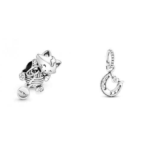PANDORA Kätzchen & Garnknäuel Charm in Sterling Silber Moments Collection & Glückshufeisen Charm-Anhänger, Sterling-Silber799157C01 von PANDORA