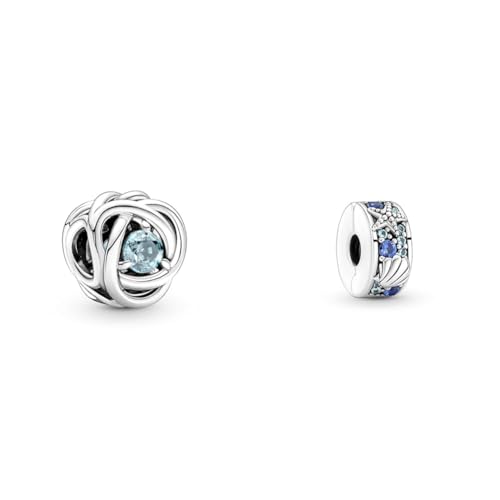 PANDORA März Geburtsstein Meer Aquablauer Ewigkeitskreis Charm, Sterling-Silber mit Kristallen Moments Tropischer Seestern & Muschel Clip-Charm, Sterling-Silber mit Cubic Zirkonia von PANDORA