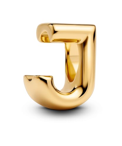 PANDORA Buchstabe J Alphabet-Mini-Charm aus Sterling Silber mit 14 Karat Vergoldung, kompatibel Moments, Maße: 6,3 x 8,2 x 5,9 mm, 763956C00 von PANDORA