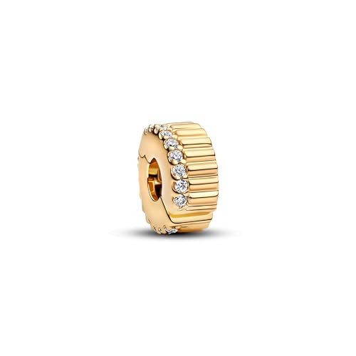 PANDORA Moments Geripptes Clip-Charm aus Sterling Silber mit 14k vergoldeter Metalllegierung und Zirkonia, Kompatibel Moments, 764078C01 von PANDORA