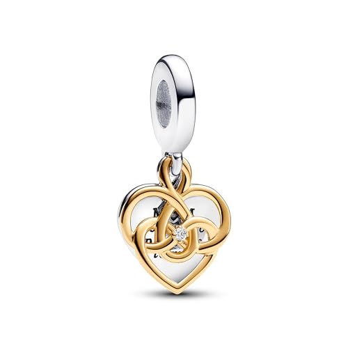 PANDORA Moments Gravierbarer Mama Doppelter Charm-Anhänger aus Sterling Silber mit vergoldeter Metalllegierung und im Labor gezüchtetem Diamanten, Kompatibel Moments Armbändern, 763237C01 von PANDORA