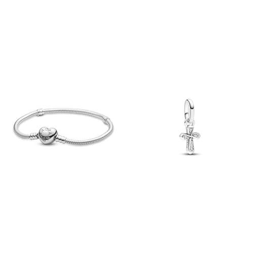 PANDORA Moments Schlangen-Gliederarmband mit Herz-Verschluss aus Sterling-Silber & ME Funkelndes Kreuz Mini-Charm-Anhänger aus Sterling Silber mit Cubik Zirkonia von PANDORA