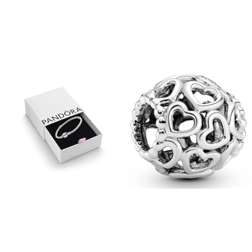 PANDORA Moments Schlangen-Gliederarmband mit Zylinderverschluss aus Sterling-Silber & All Over-Herzen Charm Sterling-Silber 11 x 11 x 10,7 mm (T/H/B) von PANDORA