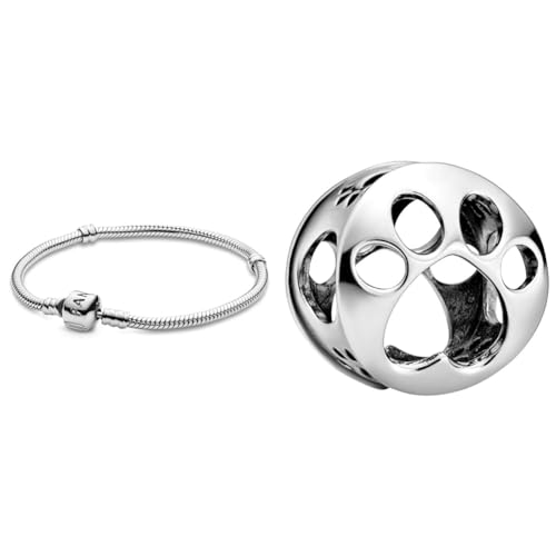 PANDORA Moments Schlangen-Gliederarmband mit Zylinderverschluss & Offen gearbeiteter Hundepfotenabdruck Charm Sterling-Silber 9 x 11,5 x 11,5 mm (T/H/B) von PANDORA