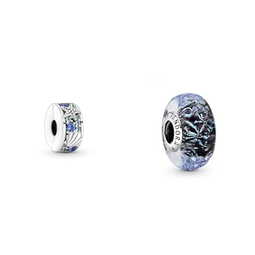 PANDORA Moments Tropischer Seestern & Muschel Clip-Charm aus Sterling-Silber mit Cubic Zirkonia, Kompatibel Moments Armbänder, 791678C01 & Welliges dunkelblaues Ozean Murano-Glas Charm von PANDORA