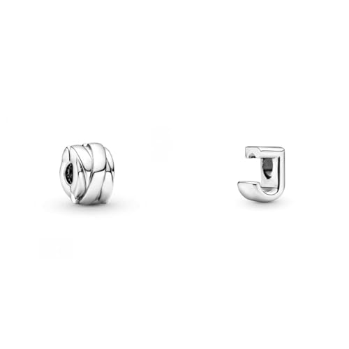 PANDORA Polierte Bänder Clip Charm in Sterling-Silber Moments Collection Moments Buchstabe J - wendbares Alphabet-Charm aus Sterling-Silber mit geprägten Herzen und Perlen an der Rückseite von PANDORA