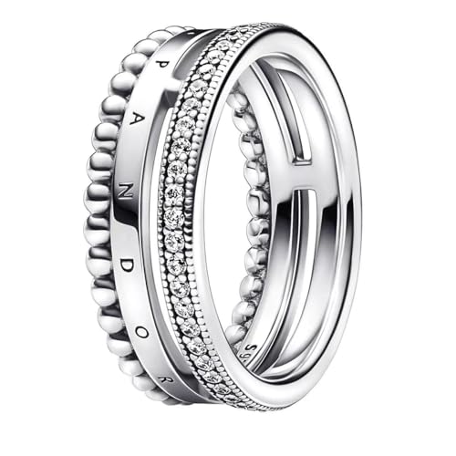 PANDORA Signature Logo Pavé & Perlen Ring in der Farbe Silber aus Sterling-Silber mit Cubic Zirkonia - Größe: 52, 192312C01-52 von PANDORA