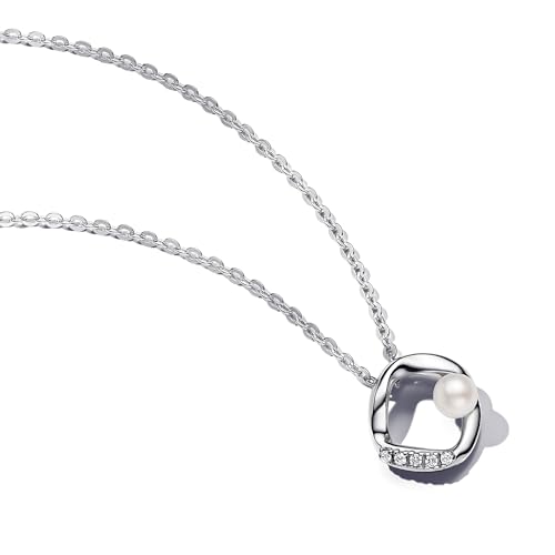 PANDORA Essence Organisch Geformter Pavé Kreis & Behandelte Süßwasserzuchtperlen Collier-Halskette aus Sterling Silber mit Zirkonia, Größe 45cm, 393207C00-45 von PANDORA