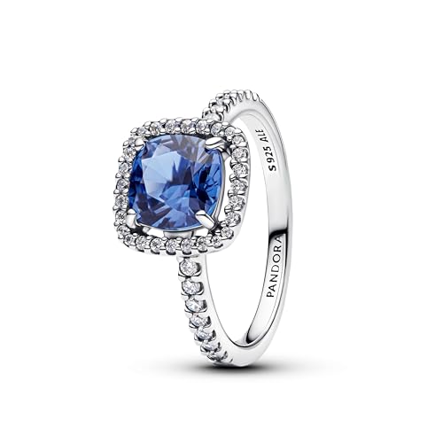 PANDORA Timeless Funkelnder Eckiger Blauer Strahlenkranz Statement-Ring aus Sterling Silber mit künstlichem Kristall, Größe: 54, 193550C01-54 von PANDORA