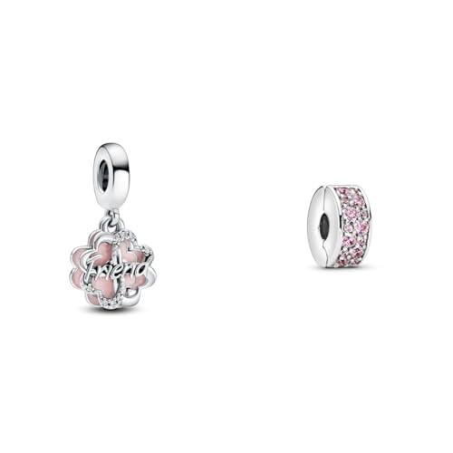 PANDORA Vierblättriges Kleeblatt Freundschaft Doppelter Charm-Anhänger aus Sterling Silber und Emaille - Kompatibel Moments Armbänder Rosafarbener Pavé-Glanz Clip 791817PCZ von PANDORA
