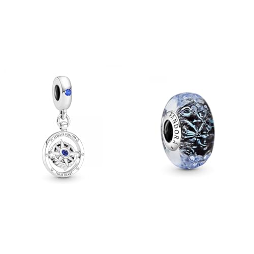 Pandora Charm Anhänger Kompass Silber, Kristall blau 790099C01 & Welliges dunkelblaues Ozean Murano-Glas Charm von PANDORA