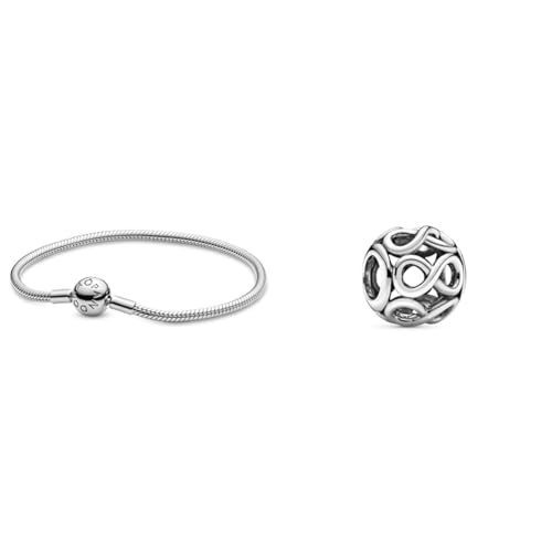 Pandora Damen-Armband mit Kugelverschluss, glatt 925 Silber 18 cm-590728-18 & Offen gearbeitetes Unendlichkeits-Charm Sterling-Silber 11 x 11 x 9,8 mm (T/H/B) von Pandora