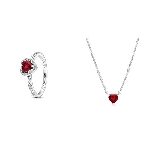 Pandora Damenring Erhabenes Herz Rot 198421C02-60 Ringgröße 60/19,1 & Funkelnder Herzförmiger Strahlenkranz Collier-Halskette aus Sterlingsilber von PANDORA