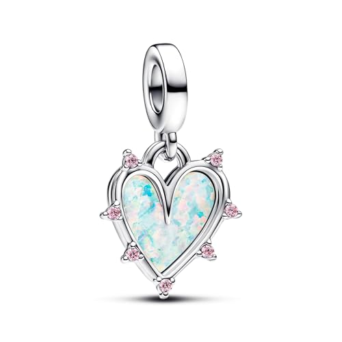 PANDORA Moments Schillernder doppelter Freundschafts-Charm-Anhänger aus Sterling Silber mit künstlichem Opal, Kompatibel ME und Moments Armbänder, 793434C01 von PANDORA