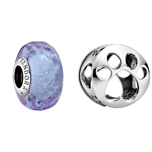 Pandora Wellenförmiges Lavendelblaues Murano-Glas Charm, 798875C00, Lila, 1,3cm & Offen gearbeiteter Hundepfotenabdruck Charm Sterling-Silber 9 x 11,5 x 11,5 mm (T/H/B) von PANDORA