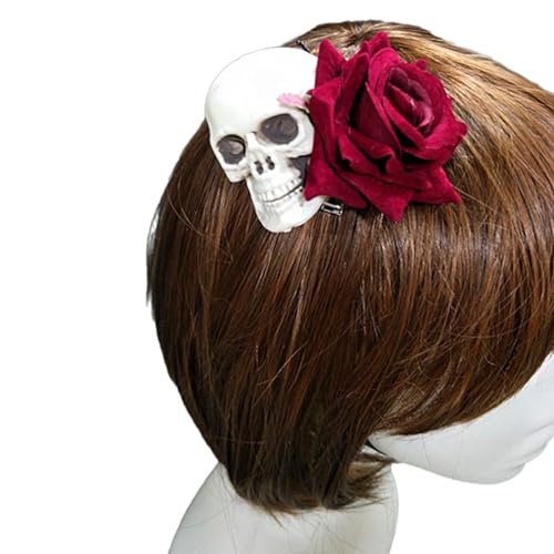 Halloween-Haarspange für Damen, Totenkopf-Rose, Haarnadel, Punk, Entenschnabel-Clip, Tag des Todes, cooler Kopfschmuck, Totenkopf-Rose, Haarschmuck, Halloween-Party-Haarnadel von PANFHGFG