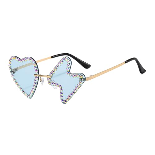 PANFHGFG Herzförmige funkelnde Sonnenbrille, Vintage-Sonnenbrille mit dickem Rahmen, mit Strasssteinen, Vintage-Sonnenbrille für Damen, mit Strasssteinen, transparent / blau von PANFHGFG