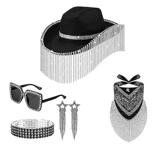 Party-Hüte, Cowgirl-Hut, Glitzer-Strass, Quasten, Cowboyhüte, 5-teiliges Set für Damen, Western-Cowgirl-Hut, breite Krempe, Hüte für Frauen von PANFHGFG