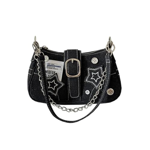 PANGBOER Damen Aesthetic Handtasche Kette Umhängetasche Stern Unterarm Top Griff Geldbörse Shopping Date Denim Weibliche Stern Schulter Denim Handtasche Top Griff Geldbörse Arm Pit Kette Arm Pit für von PANGBOER