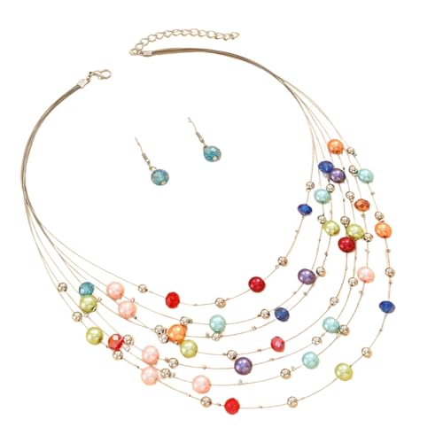 PANGBOER Elegantes, mehrfarbiges Perlenschmuck-Set, festliche Damen-Halskette und Ohrringe, Set mit mehrschichtigen Kristallperlen und Kristallhals von PANGBOER