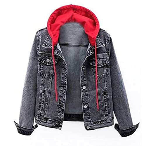 Damen Jeansjacke kurz Retro Boyfriend Distressed Denim Jacke mit Kapuzen Knopfverschluss Casual Herbstjacken ÜBergangsjacke Parka Outwear Freizeitjacken Cardigan Tops. (04-Rot, L) von PANGF