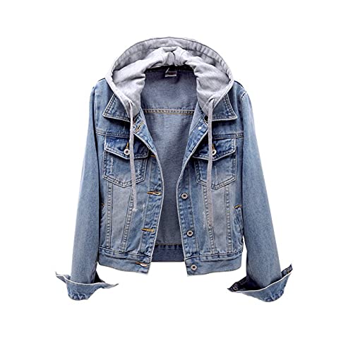 Damen Jeansjacke kurz Retro Boyfriend Distressed Denim Jacke mit Kapuzen Knopfverschluss Casual Herbstjacken ÜBergangsjacke Parka Outwear Freizeitjacken Cardigan tops. (02-Hellblau, XL) von PANGF