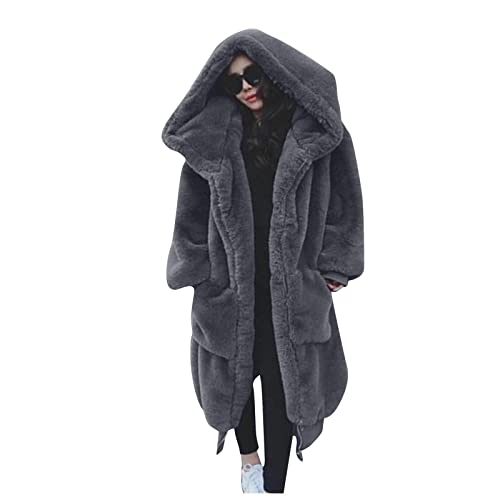 Damen Lange Plüsch Wintermantel Übergröße Einfarbiger Teddy Mantel Winter Warme Softshellmantel Elegant Übergangsmantel Frauen Fleecemantel mit Kapuze Oberbekleidung. (01-Grau, M) von PANGF