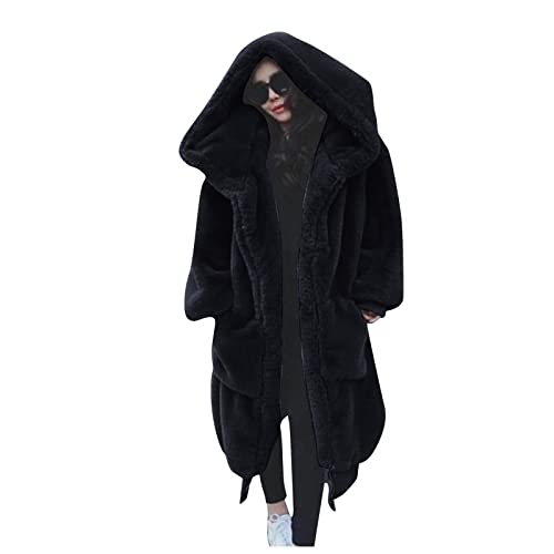Damen Lange Plüsch Wintermantel Übergröße Einfarbiger Teddy Mantel Winter Warme Softshellmantel Elegant Übergangsmantel Frauen Fleecemantel mit Kapuze Oberbekleidung. (02-Schwarz, XL) von PANGF