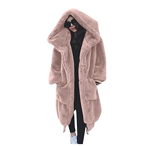 Damen Lange Plüsch Wintermantel Übergröße Einfarbiger Teddy Mantel Winter Warme Softshellmantel Elegant Übergangsmantel Frauen Fleecemantel mit Kapuze Oberbekleidung. (05-Rosa, M) von PANGF