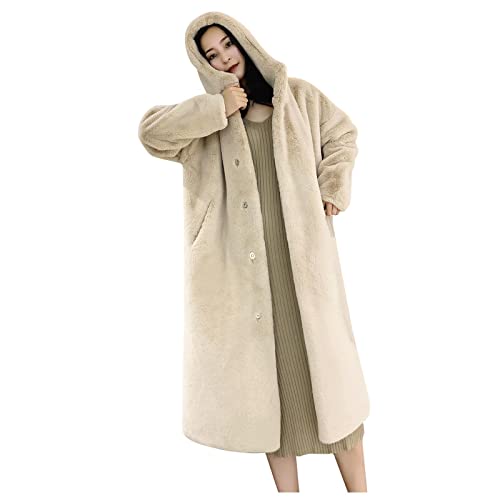 Damen Lange Plüsch Wintermantel Übergröße Einfarbiger Teddy Mantel Winter Warme Softshellmantel Elegant Übergangsmantel Frauen Fleecemantel mit Kapuze Oberbekleidung. (06-Beige, XL) von PANGF