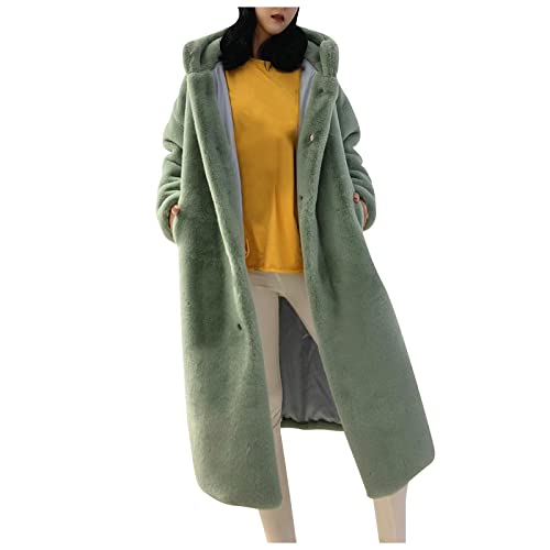 Damen Lange Plüsch Wintermantel Übergröße Einfarbiger Teddy Mantel Winter Warme Softshellmantel Elegant Übergangsmantel Frauen Fleecemantel mit Kapuze Oberbekleidung. (08-Grün, L) von PANGF