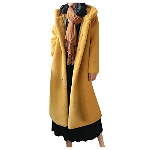 Damen Lange Plüsch Wintermantel Übergröße Einfarbiger Teddy Mantel Winter Warme Softshellmantel Elegant Übergangsmantel Frauen Fleecemantel mit Kapuze Oberbekleidung. (10-Gelb, XS) von PANGF