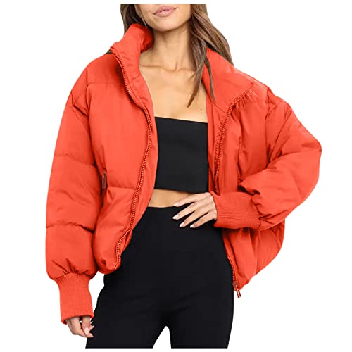 Daunenjacke Damen Pufferjacke mit Breitem Revers Modern Frauen Winterjacke Kurz Geschnitten Wattierte Steppjacke Jacke Winter Puffer Jacket Für Winddichte Outdoor. (02-Orange, XS) von PANGF