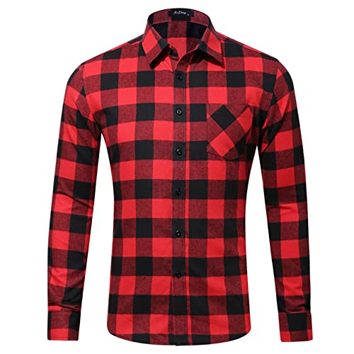 Flanellhemd Herren Slim fit Kariertes Hemd Freizeithemd Männer Lange Ärmel Western Fleece Button Down Shirts Freizeithemd Normale Passform Karohemd Holzfällerhemd S-XXL (01-Rot, S) von PANGF