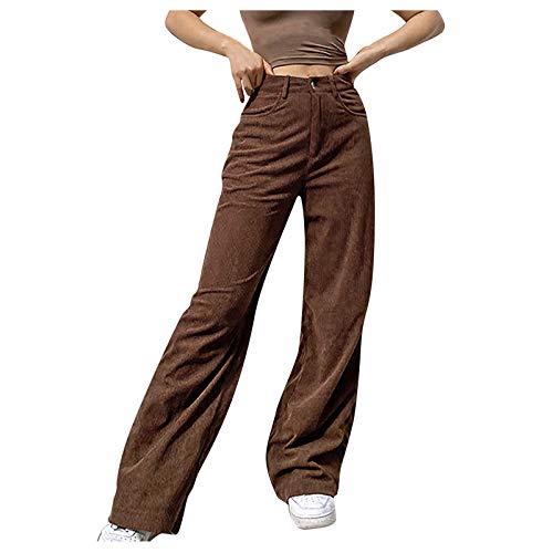 Freizeithose Damen Große Größe Stretch Einfarbig Kordhose mit Geradem Bein Bequem Softshellhose Mode Y2K Streetwear Cargohose Trekkinghose Cord Hosen Loose Knopfe Damenhose. (02-Braun, M) von PANGF