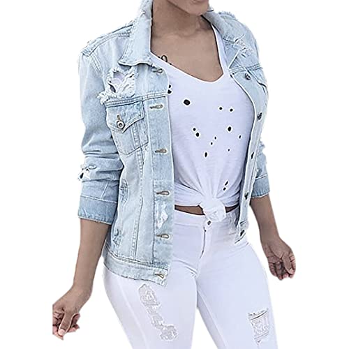 PANGF Damen Vintage Destroyed Jeansjacke,Übergangs Denim Jacke Mantel, Slim Fit Ripped damen jeansjacke lang. (01-Blau, L) von PANGF