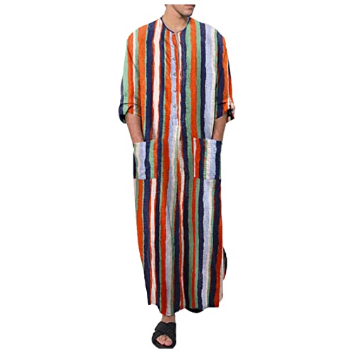 PANGF Ethnische Herren Kaftan Baumwolle Leinen Ethnische Nachthemd Roben Langarm Druck Gestreiftes Lang Freizeitkleid mit Taschen Bademäntel Morgenmäntel S-4XL (01-Orange, 3XL) von PANGF