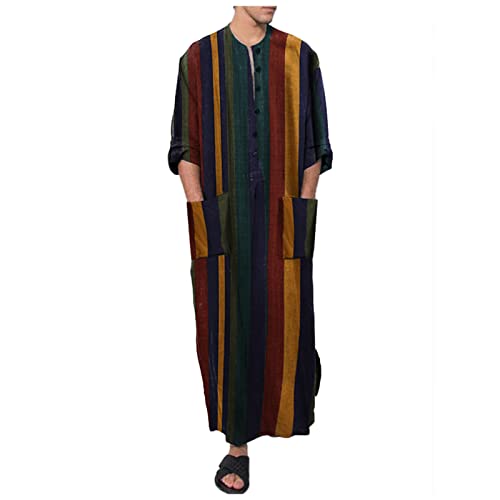 PANGF Ethnische Herren Kaftan Baumwolle Leinen Ethnische Nachthemd Roben Langarm Druck Gestreiftes Lang Freizeitkleid mit Taschen Bademäntel Morgenmäntel S-4XL (02-Grün, 3XL) von PANGF