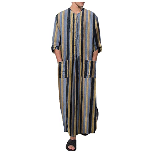 PANGF Ethnische Herren Kaftan Baumwolle Leinen Ethnische Nachthemd Roben Langarm Druck Gestreiftes Lang Freizeitkleid mit Taschen Bademäntel Morgenmäntel S-4XL (03-Blau, XXL) von PANGF