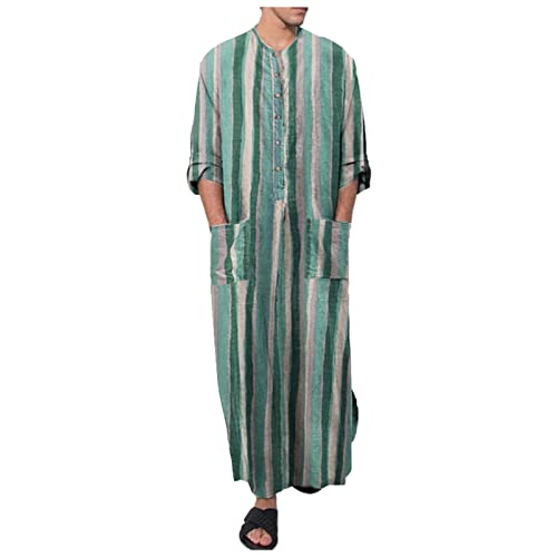 PANGF Ethnische Herren Kaftan Baumwolle Leinen Ethnische Nachthemd Roben Langarm Druck Gestreiftes Lang Freizeitkleid mit Taschen Bademäntel Morgenmäntel S-4XL (04-Grün, M) von PANGF