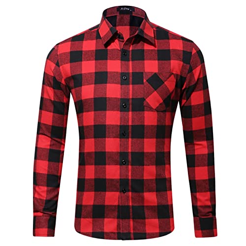 PANGF Flanellhemd Herren Slim fit Hemd Kariertes Freizeithemd Normale Passform Frühling Winter Langarm Baumwolle Flanell Casual Retro Hemden Karohemd Holzfällerhemd S-XXL (01-Rot, XXL) von PANGF