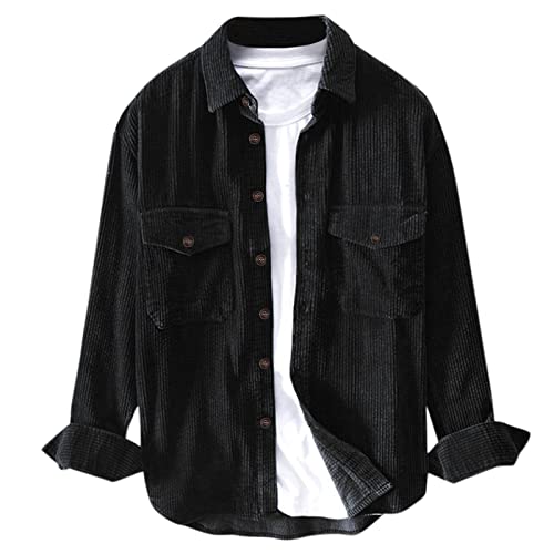 PANGF Herren Kordhemd Einfarbig Regular Fit Langarm Freizeithemd Frühling Winter Warm Bequem Cordhemd Causal Langarmhemd Herrenhemd Markenhemd Arbeitshemd für Männer S-XXL (01-Schwarz, M) von PANGF