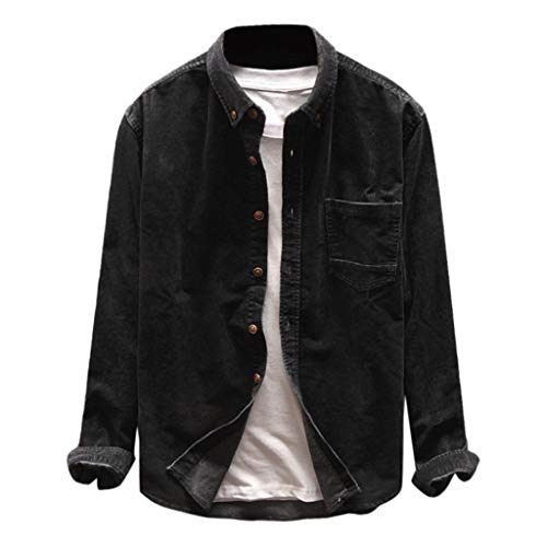 PANGF Herren Kordhemd Einfarbig mit Knopfleiste und Button Down Kragen, Corduroy Blouse Langarm Basic Cordhemd Tops Casual Loose Frühling Winter Freizeithemd Mens Shirt Jeanshemd (01-Schwarz, L) von PANGF