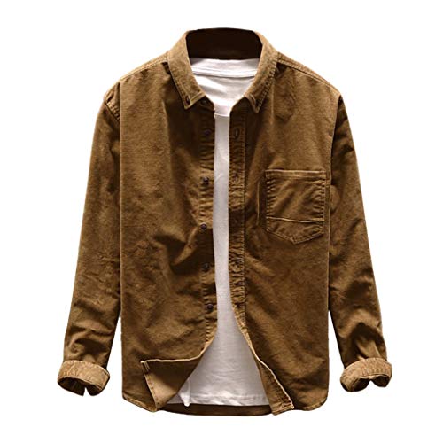PANGF Herren Kordhemd Einfarbig mit Knopfleiste und Button Down Kragen, Corduroy Blouse Langarm Basic Cordhemd Tops Casual Loose Frühling Winter Freizeithemd Mens Shirt Jeanshemd (03-Khaki, M) von PANGF