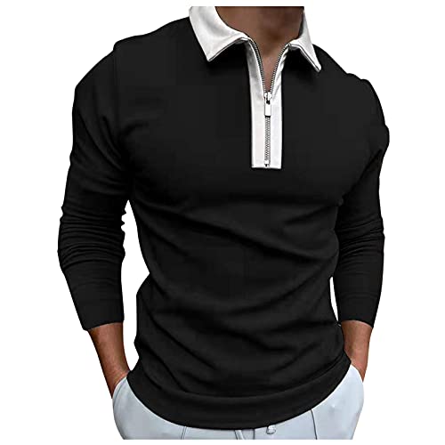 PANGF Herren Polohemd Oberteile Revers Halber Reißverschluss Slim Fit Langarmshirt Polo Casual Business Hemden Für Männer Einfarbig Henley Shirt Pullover Frühling und Winter T-Shirts (01-Schwarz, XL) von PANGF