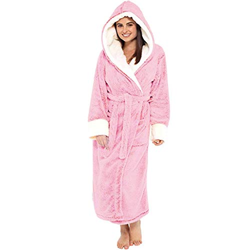 Plüsch Dicker Flanell Bademantel für Damen Einfarbig Hoodie Schalkragen SPA Saunamantel mit Gürtel Winter Warm Lang Kimono Bademäntel Weich Nachthemd. (03-Rosa, M) von PANGF